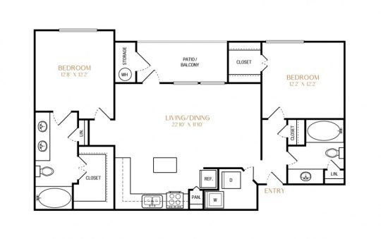 the floor plan for a two bedroom apartment at The Ellwood at Lake Travis