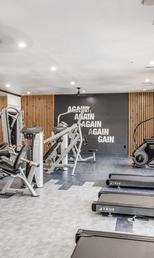 a gym room with tread machines and treads at The Ellwood at Lake Travis