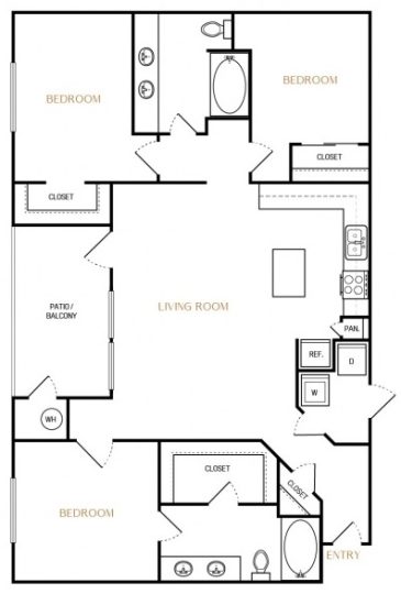 floor plan image of a two bedroom apartment at The Ellwood at Lake Travis
